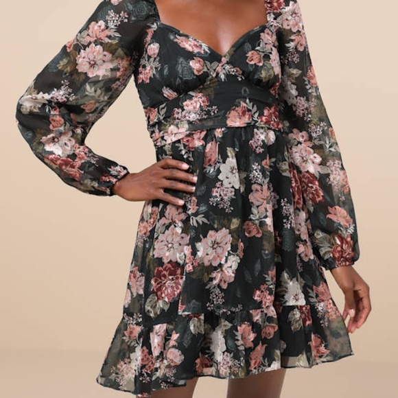 Lulus Dresses & Skirts - Lulus Truly Adorable Green Floral Burnout Balloon Sleeve Mini Dress - Size L
